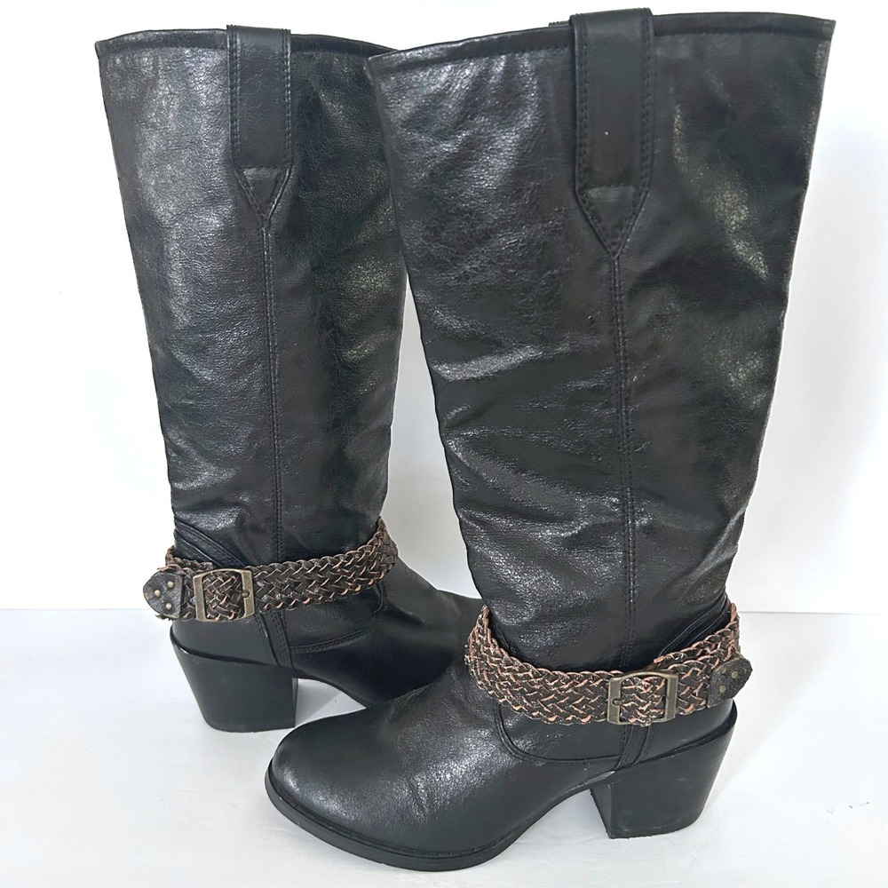 Durango Philly Harness Boots Womens 6.5 Black Braided Strap Tall Western Leather